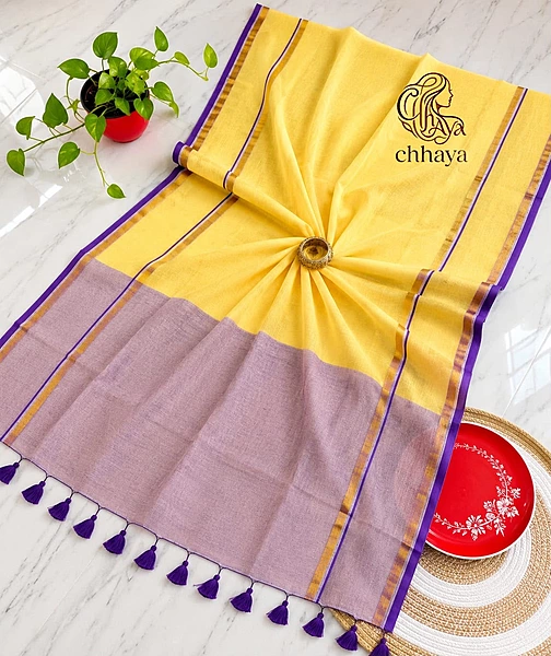 Mulcotton Saree- Yellow & Pupil Shade